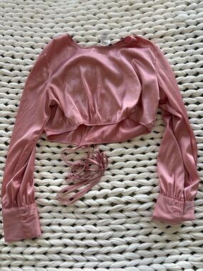 Sans Souci Rose Pink Satin Wrap Crop Long-Sleeve Top
